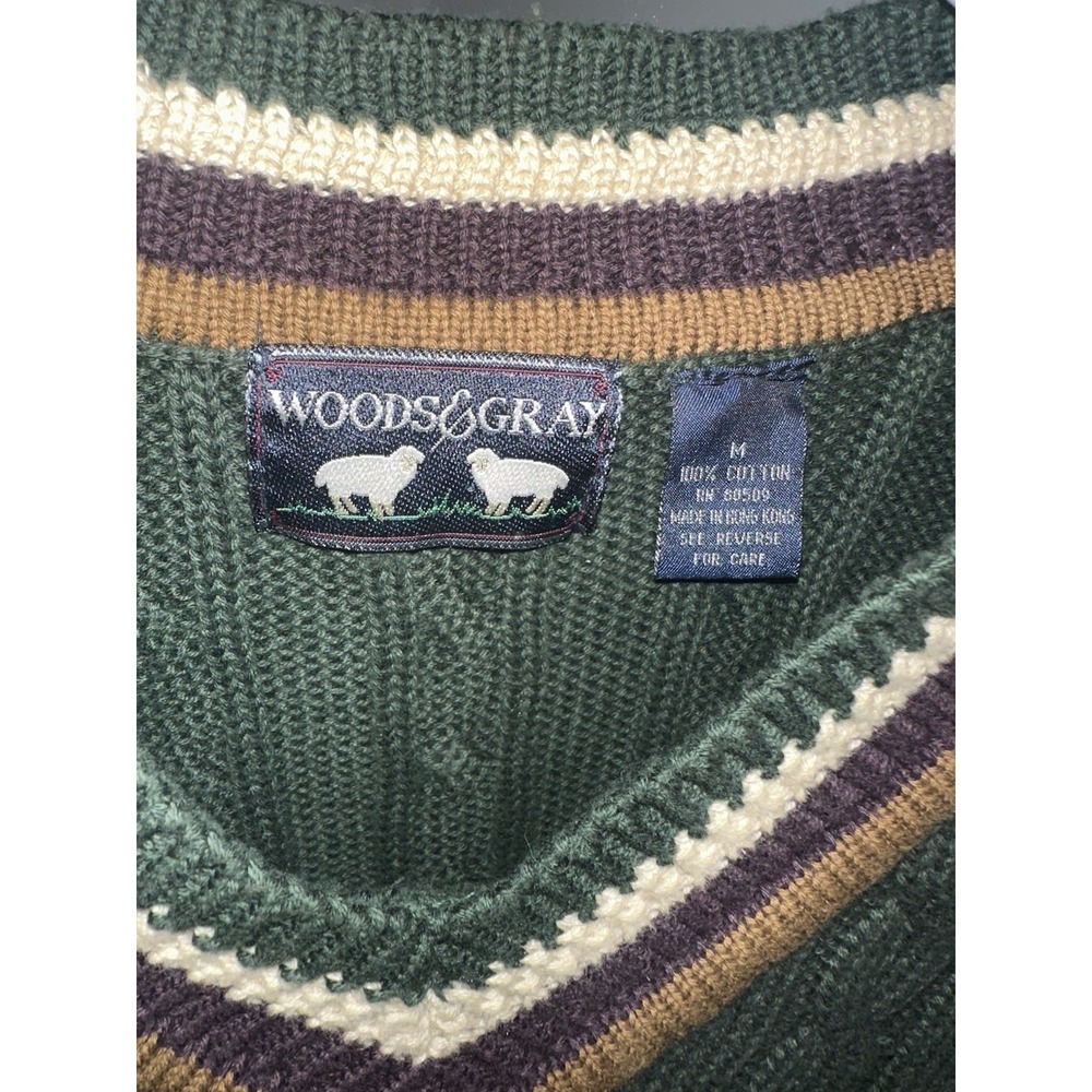 Vintage Woods & Gray S Green Cable Knit V Neck Sweater 100% Cotton Size Medium - Picture 5 of 5